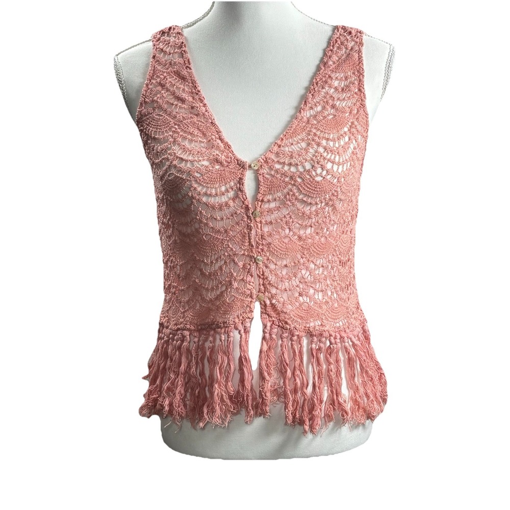 Y2K Crochet Top Womens M Pink Peach Cottagecore Boho Hippie‎ Festival Gypsy